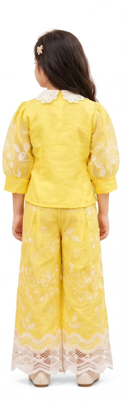 Girls' Premium Floral Embroidered Co-Ord Set with Lace Detailing | Stylish Full-Sleeve Shirt & Wide-Leg Pants