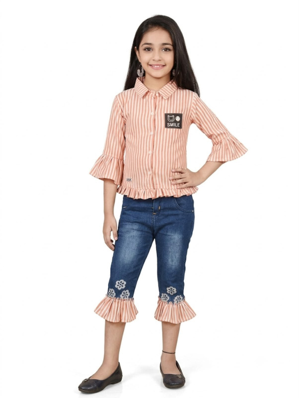 Girls' Striped Top & Denim Capri Set | Bell Sleeve Ruffle Shirt with Floral Embroidered Jeans | Trendy Kids Western Wear