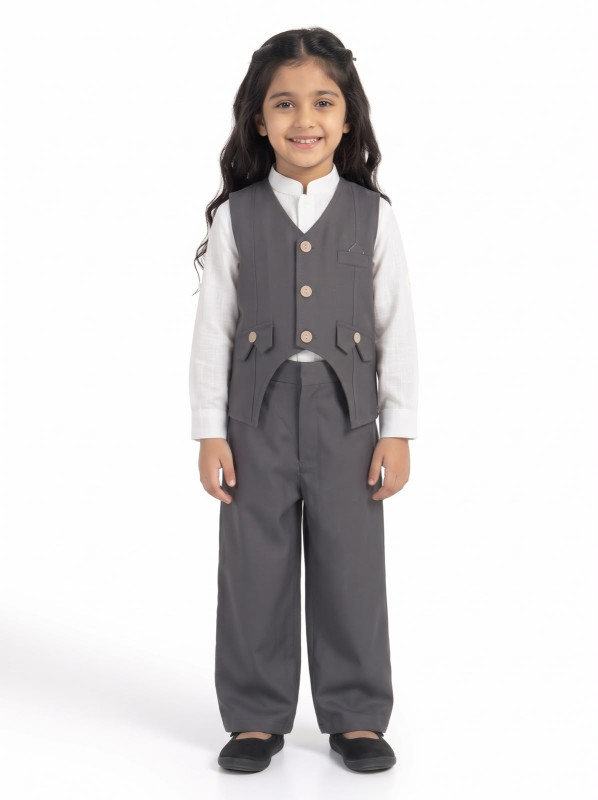 Girls' Formal Waistcoat Co-Ord Set with White Shirt & Wide-Leg Trousers | Stylish Kids Party Wear Outfit | Grey & Brown