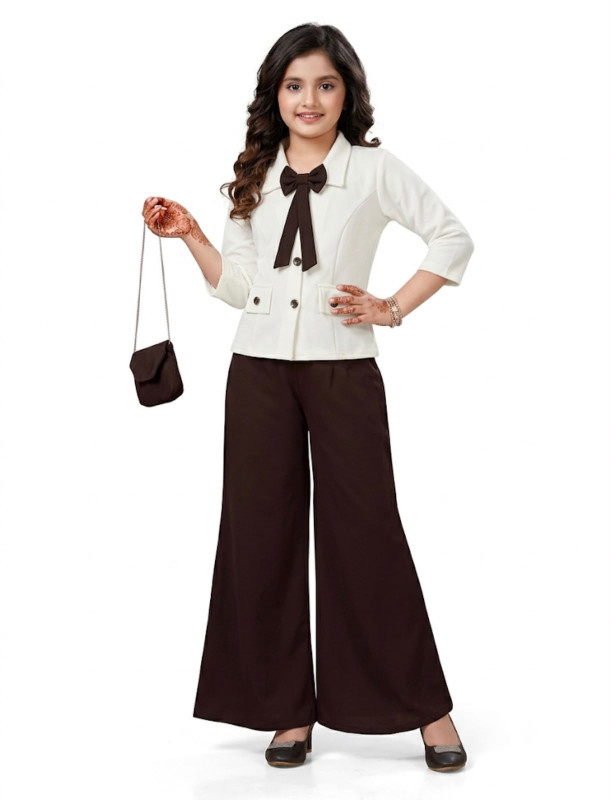 Girls' Elegant Blazer Co-Ord Set with Bow Tie & Sling Bag | White Formal Jacket and Brown Wide-Leg Palazzo Pants | Kids Party Wear