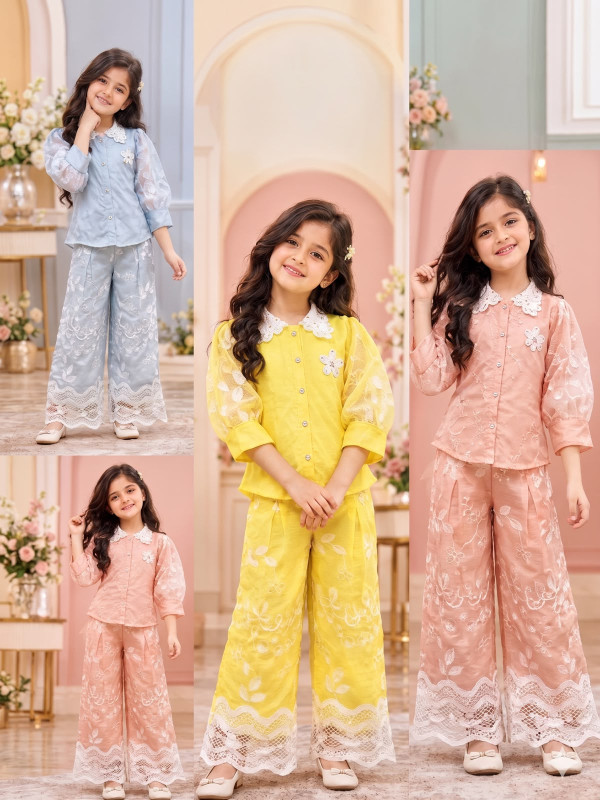 Girls' Premium Floral Embroidered Co-Ord Set with Lace Detailing | Stylish Full-Sleeve Shirt & Wide-Leg Pants