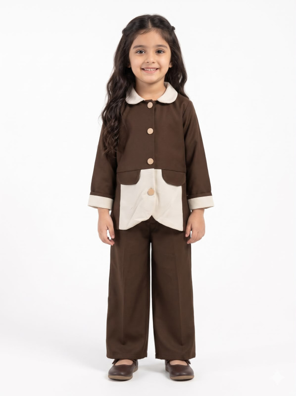 Girls' Stylish Contrast Collar Set | Full Sleeve Button-Down Top & Wide-Leg Trousers | Premium Kids Western Wear