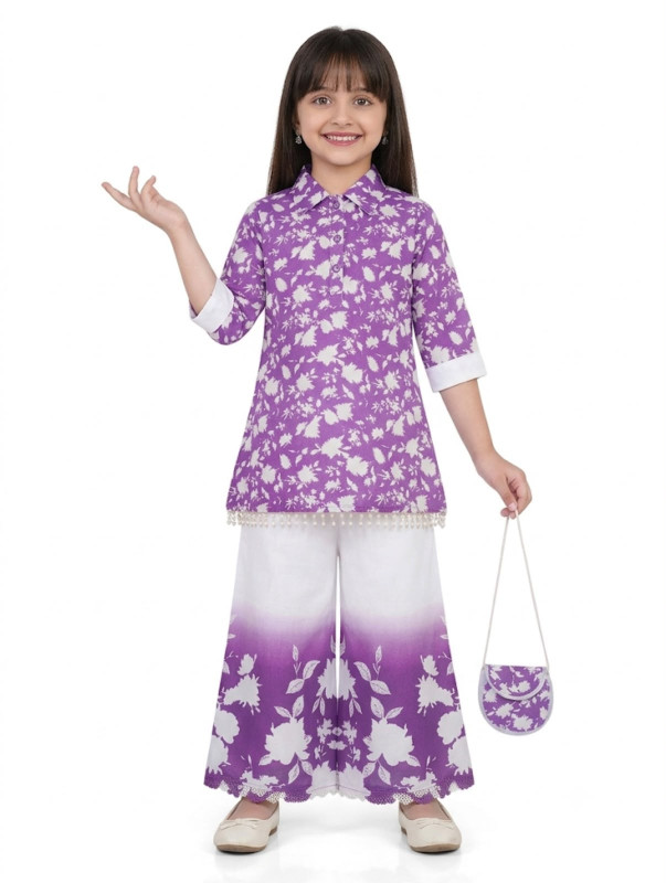 Girls Floral Print Co-Ord Set with Sling Bag | 3/4 Sleeve Shirt & Ombre Wide-Leg Palazzo Pants | Trendy Kids Ethnic Fusion Wear