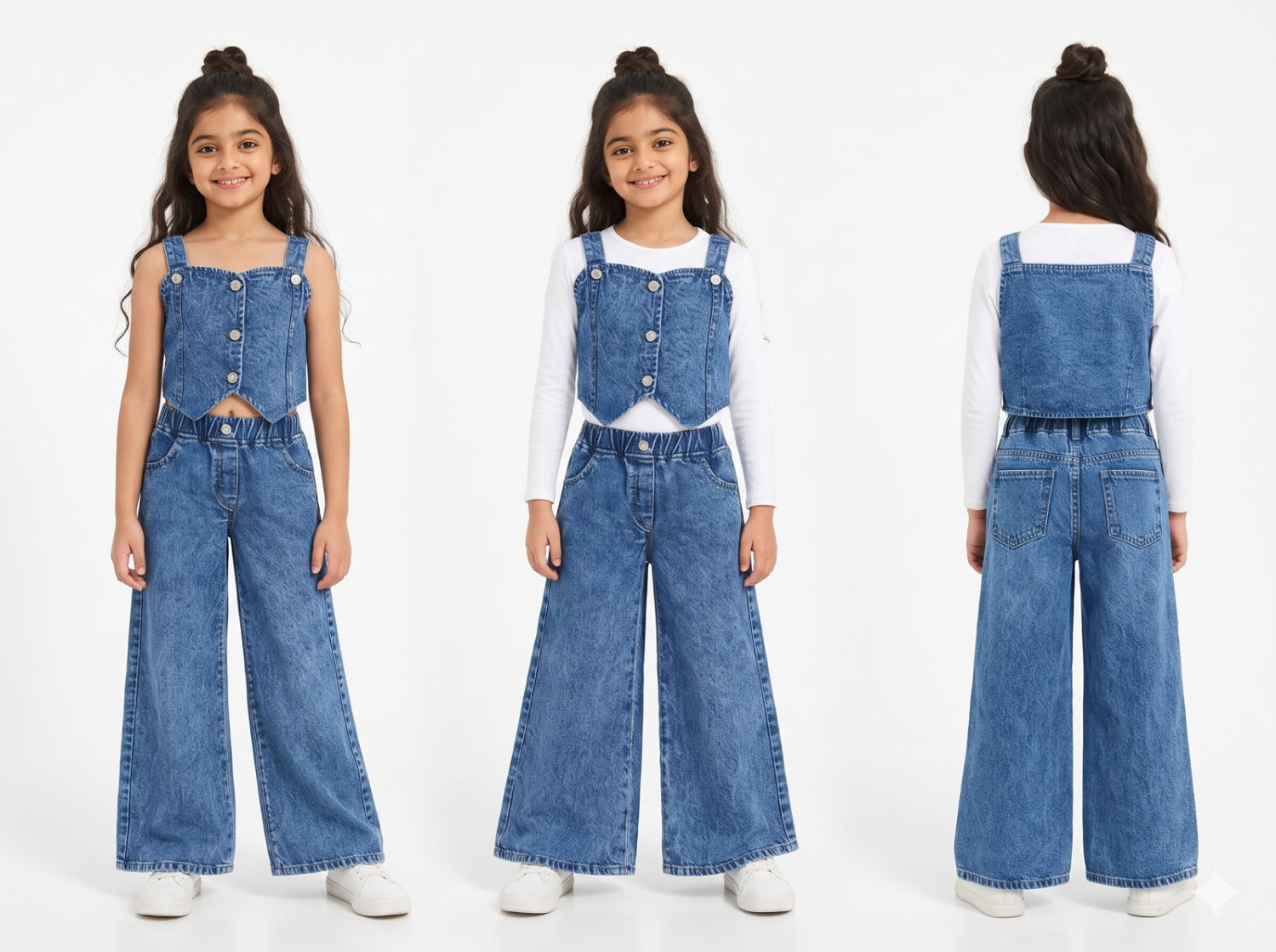 Girls Stylish Denim | Sleeveless Button-Down Denim Crop Top & Wide-Leg Jeans | Trendy Kids Western Wear Outfit