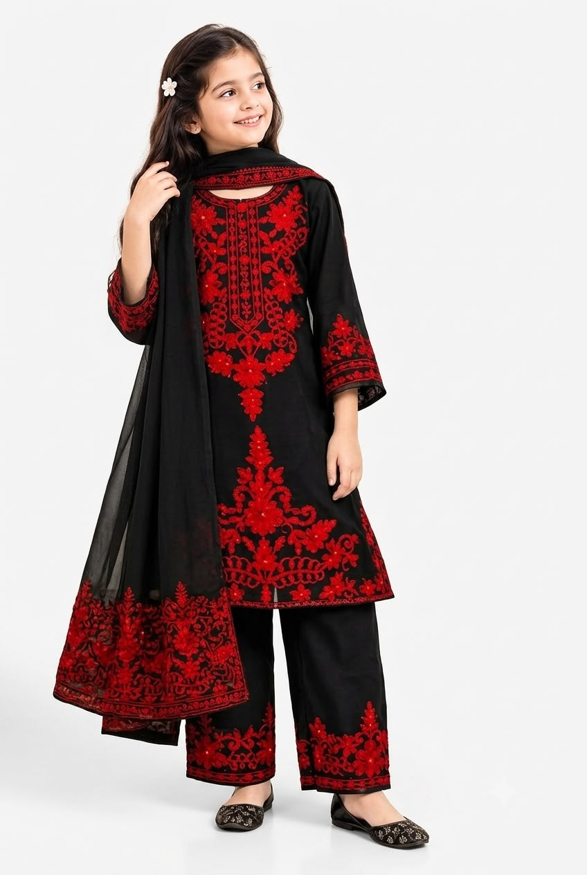 Girls' Embroidered Ethnic Suit Set with Dupatta