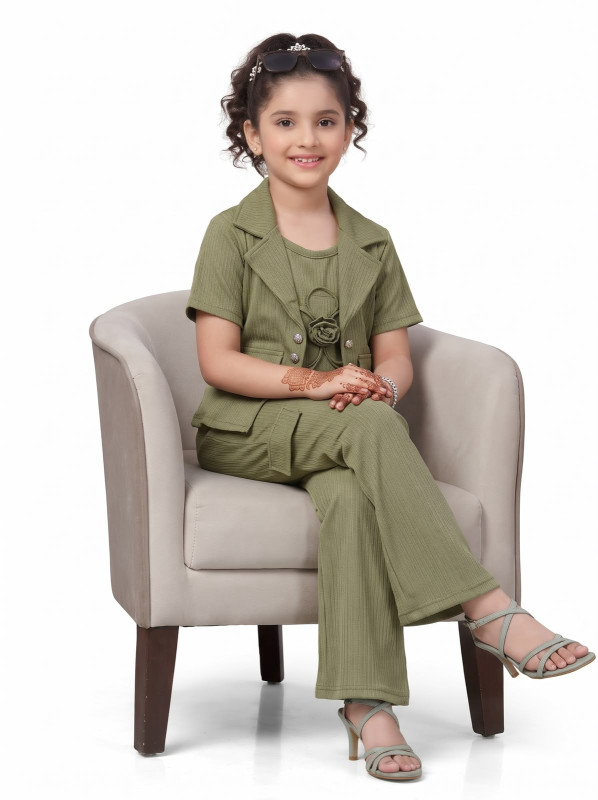 Girls' Stylish Ribbed Co-Ord Set with Rose Detail | Short Sleeve Blazer Top & Cargo Wide-Leg Pants | Trendy Kids Western Wear