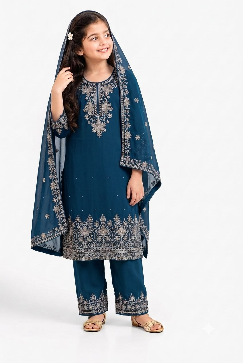 Girls' Premium Georgette Suits Set with Jarkan Stone Work & Embroidered Dupatta